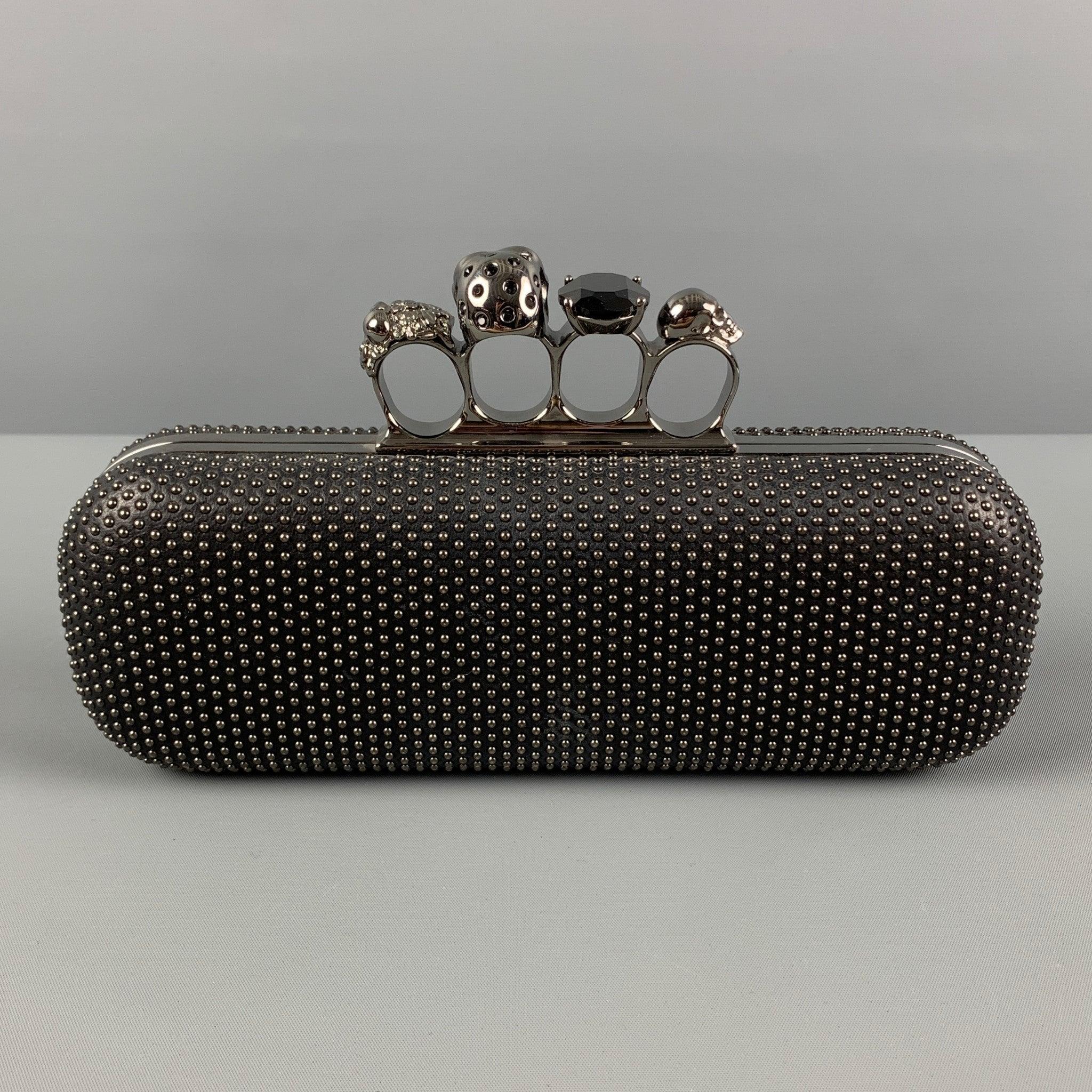 ALEXANDER MCQUEEN Black Silver Studded Leather Metal Knuckle Clutch In Good Condition For Sale In San Francisco, CA