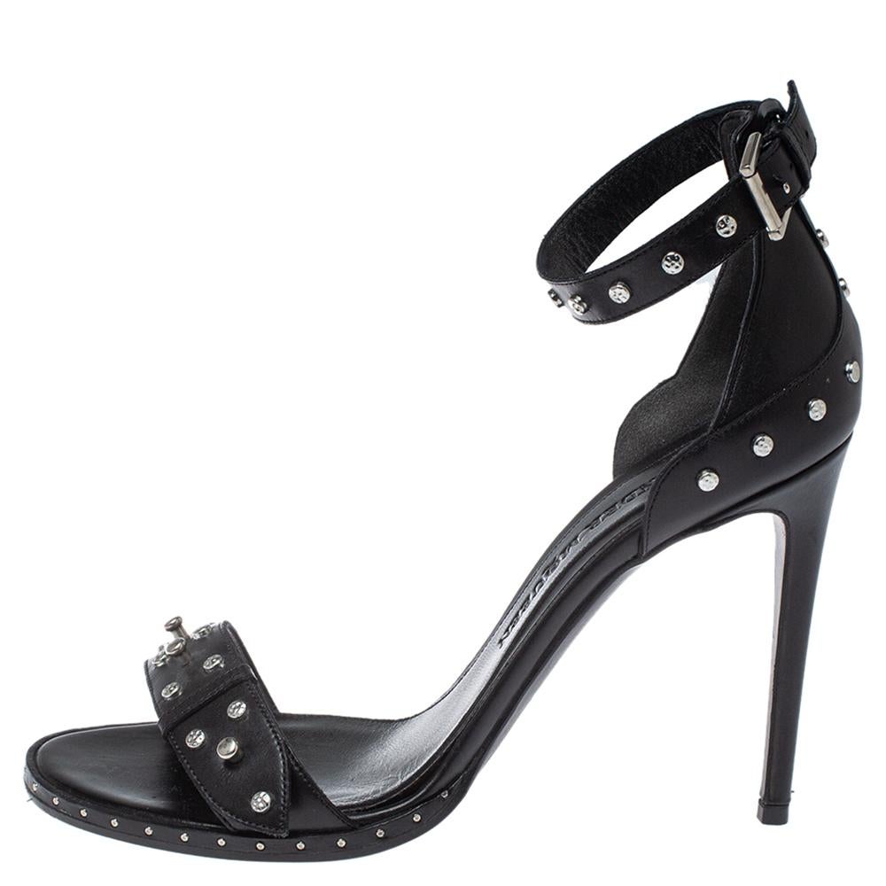 Alexander McQueen Black Studded Leather Ankle Strap Sandals Size 38 2