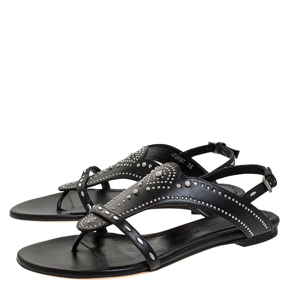 Alexander McQueen Black Studded Leather Flat Sandals Size 38 2