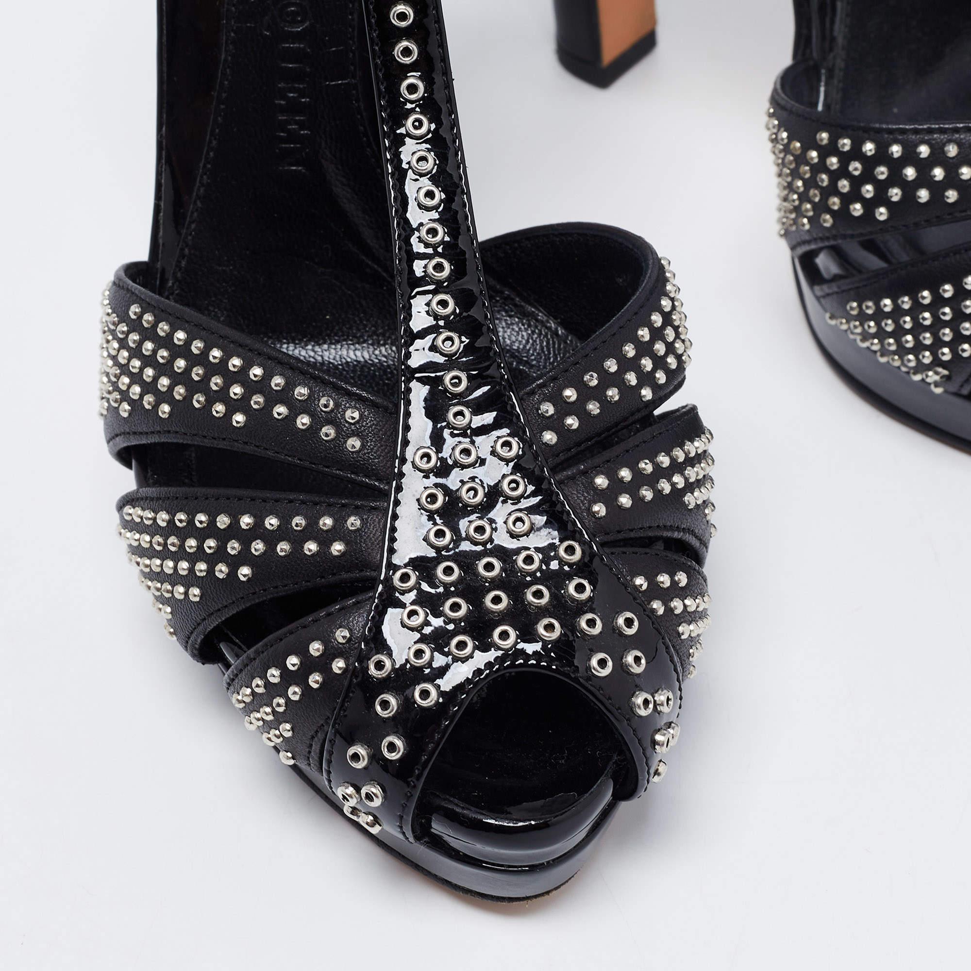 Alexander McQueen Black Studded Leather Peep-Toe T-Bar Platform Sandals Size 36 3