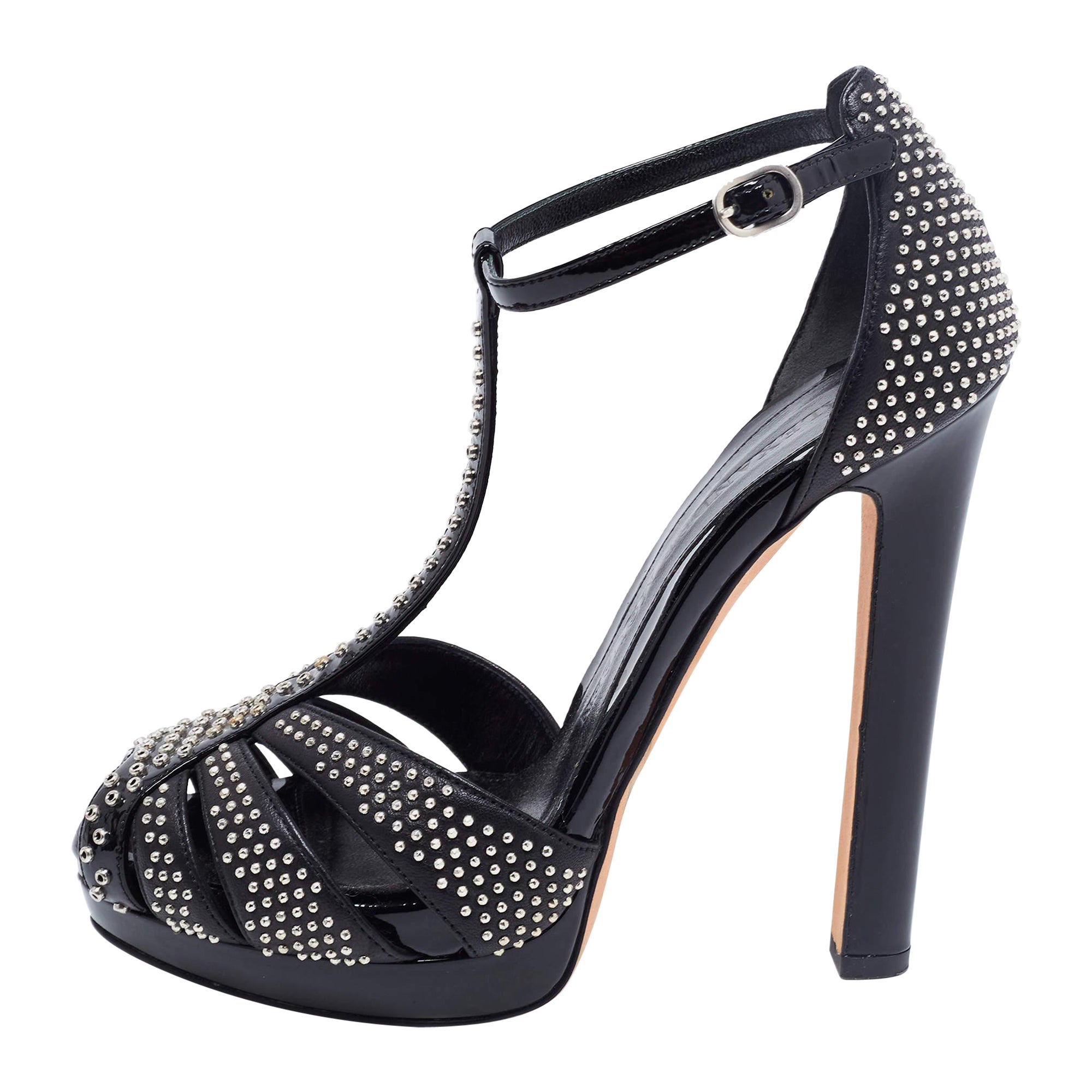 Alexander McQueen Black Studded Leather Peep-Toe T-Bar Platform Sandals Size 36