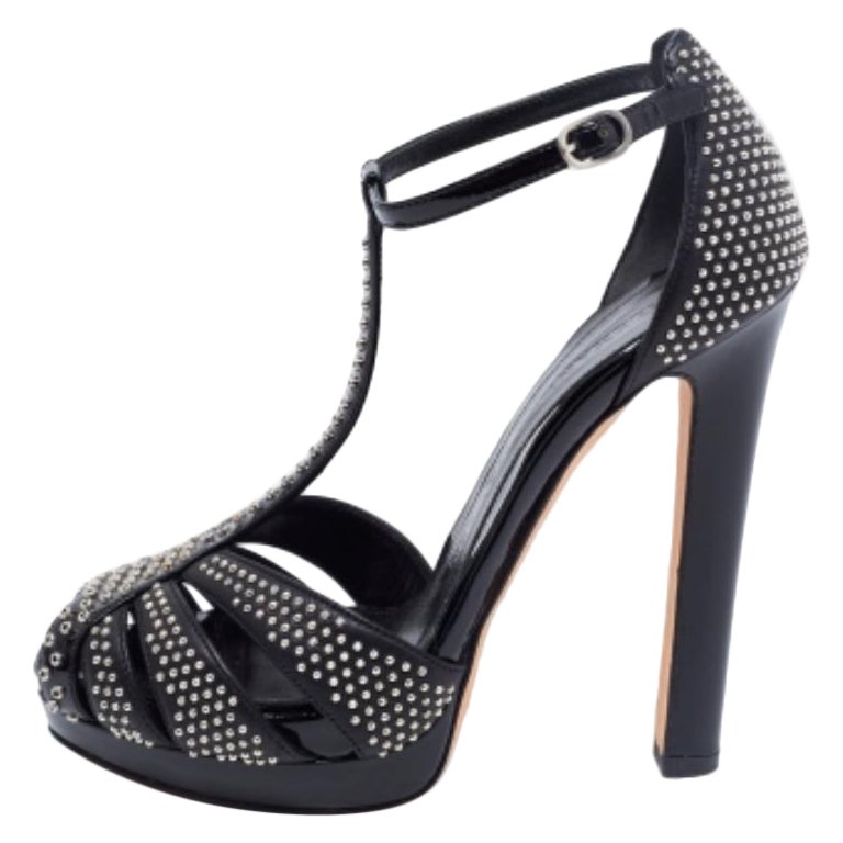 Alexander McQueen Black Studded Leather Peep-Toe T-Bar Platform Sandals Size 36