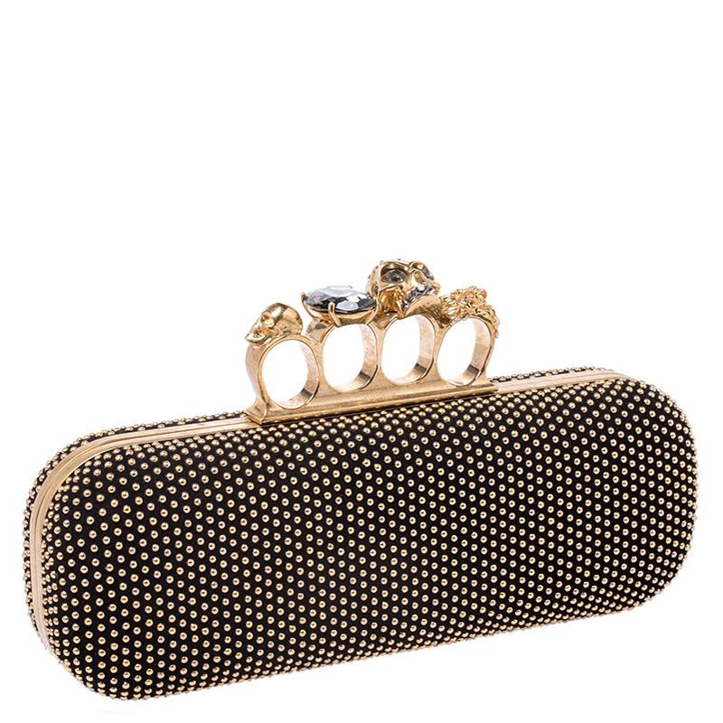 Women's Alexander McQueen Black Studded Suede Skull Knuckle Box Clutch