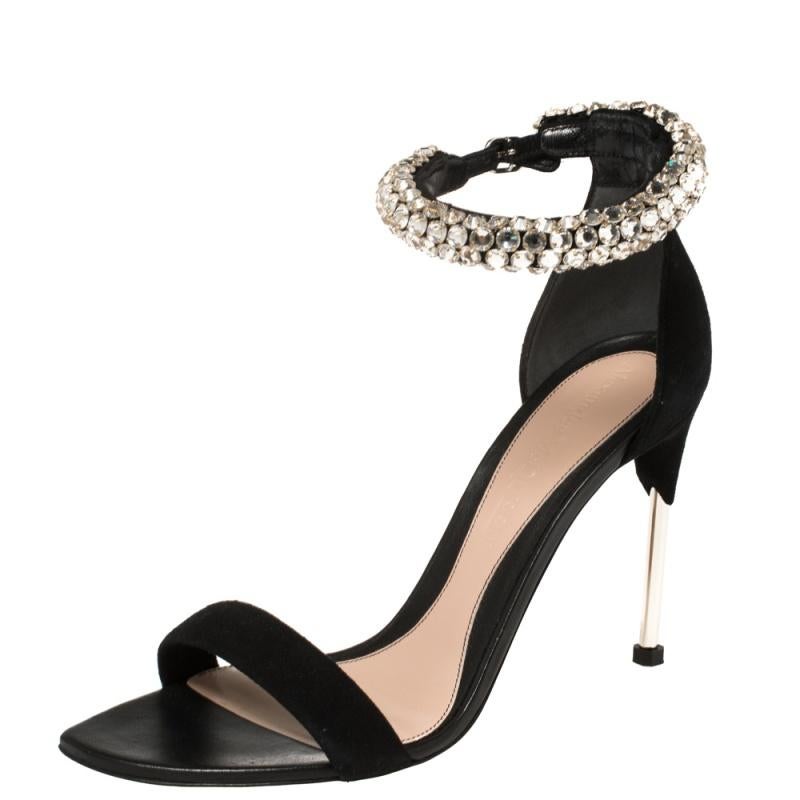 Alexander McQueen Black Suede Crystal Embellished Ankle Cuff Sandals Size 39