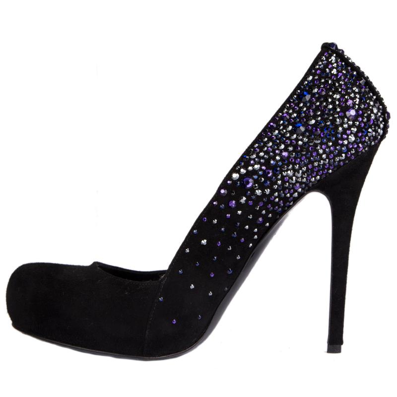 black suede pumps with crystal embellishment