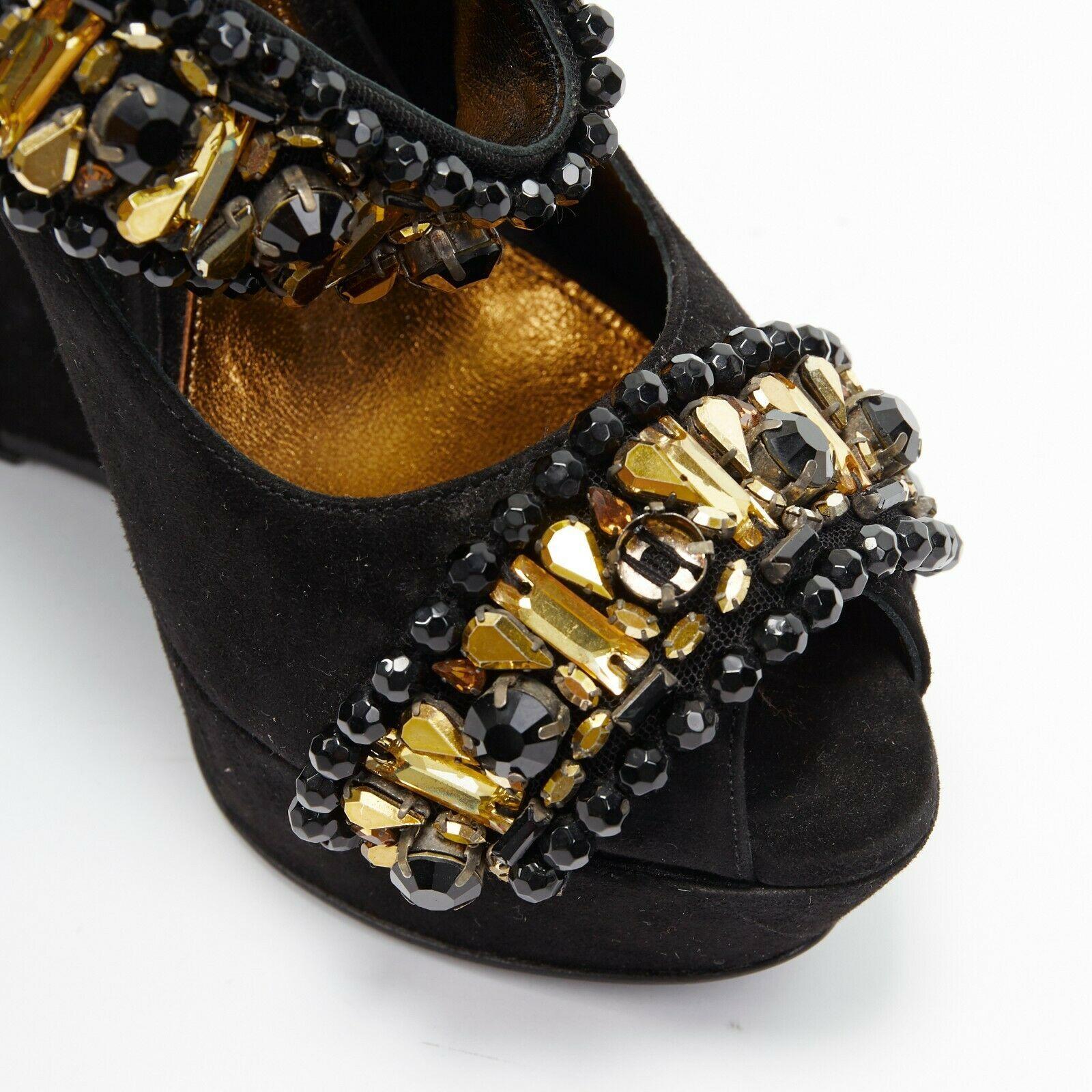 ALEXANDER MCQUEEN black suede gold jewel strap peep toe curved heel wedge EU37.5 2