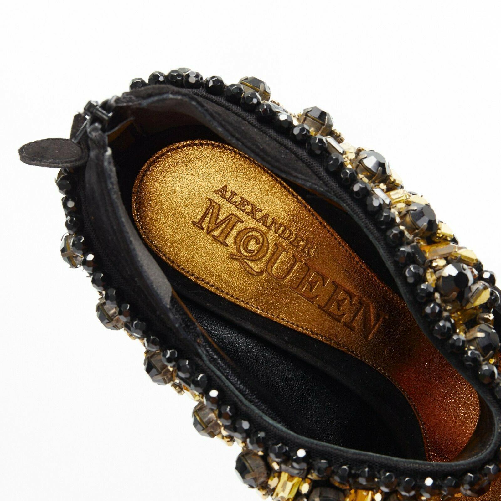 ALEXANDER MCQUEEN black suede gold jewel strap peep toe curved heel wedge EU37.5 3