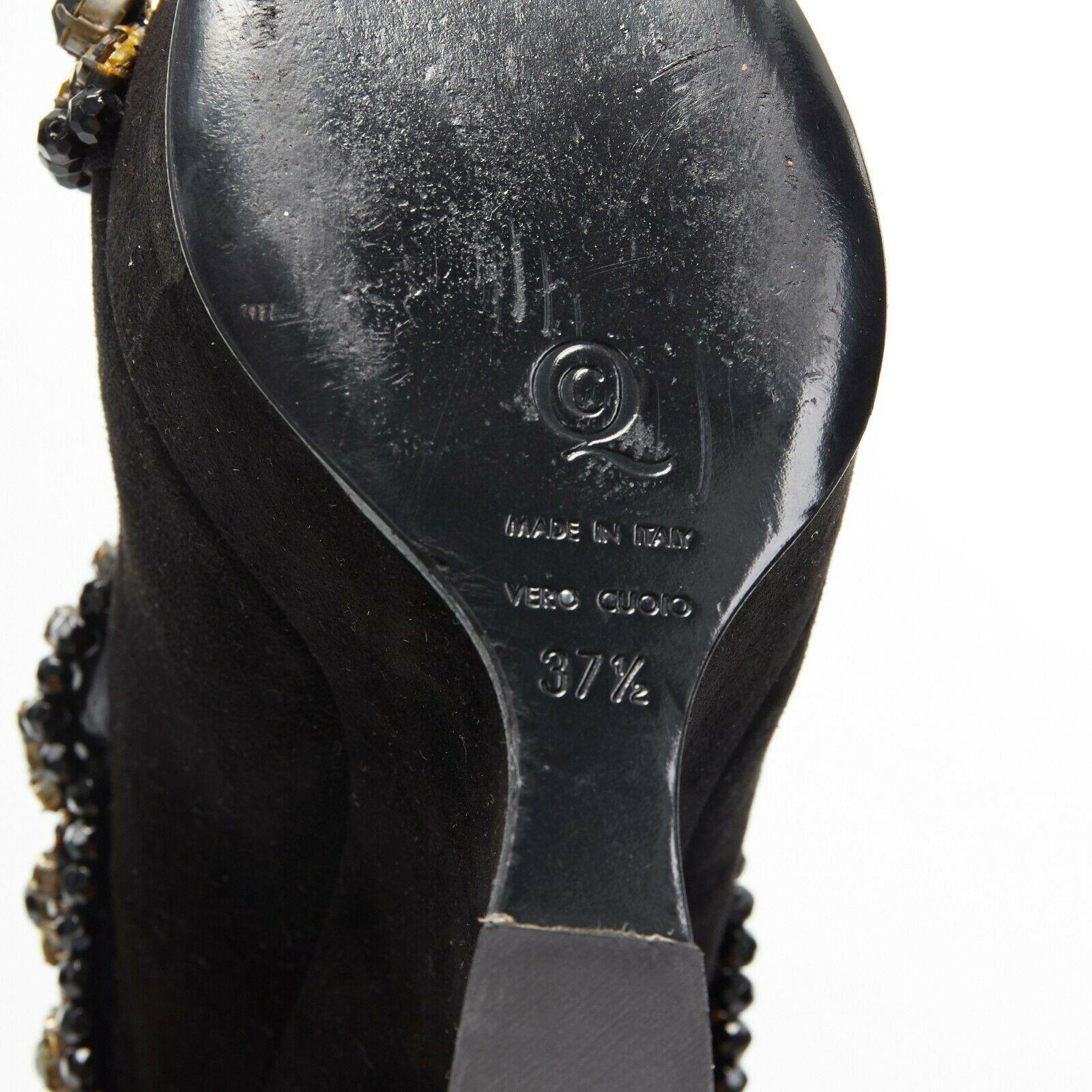 ALEXANDER MCQUEEN black suede gold jewel strap peep toe curved heel wedge EU37.5 4