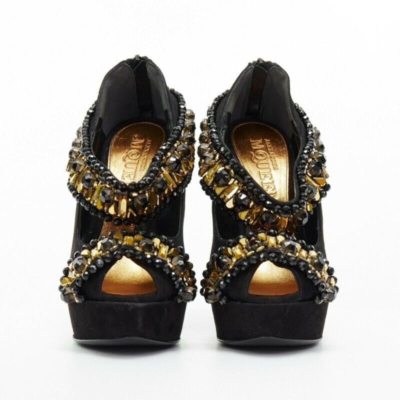 Black ALEXANDER MCQUEEN black suede gold jewel strap peep toe curved heel wedge EU37.5 For Sale