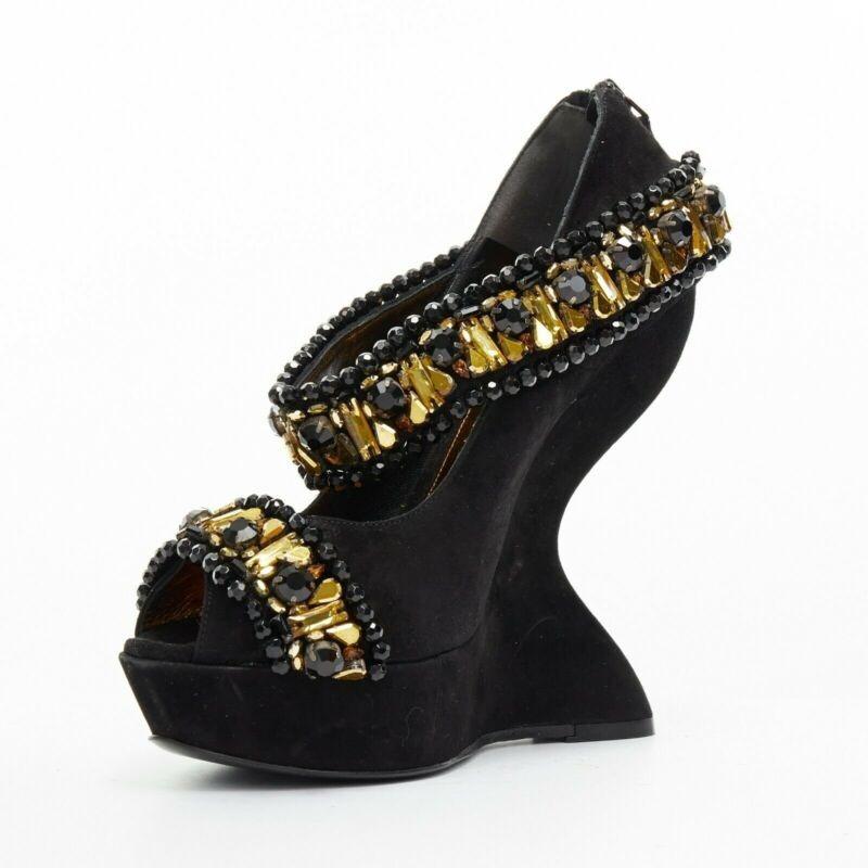 ALEXANDER MCQUEEN black suede gold jewel strap peep toe curved heel wedge EU37.5 In Good Condition For Sale In Hong Kong, NT