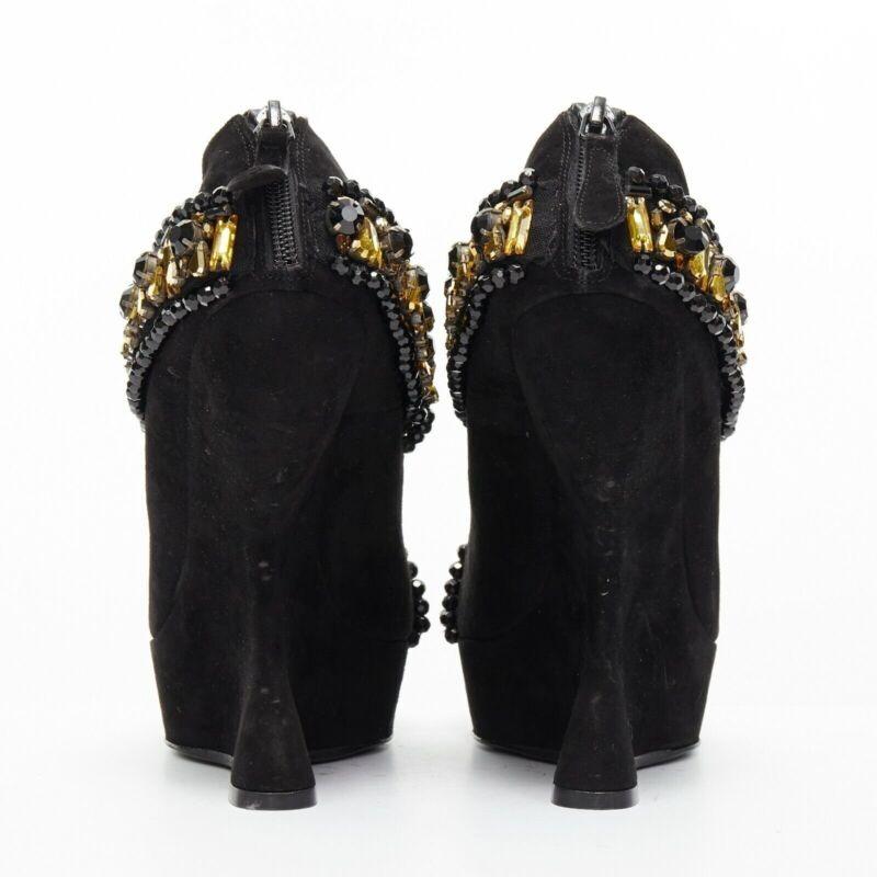 Women's ALEXANDER MCQUEEN black suede gold jewel strap peep toe curved heel wedge EU37.5 For Sale
