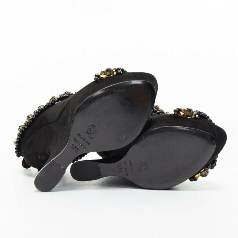 ALEXANDER MCQUEEN black suede gold jewel strap peep toe curved heel wedge EU37.5 For Sale 1