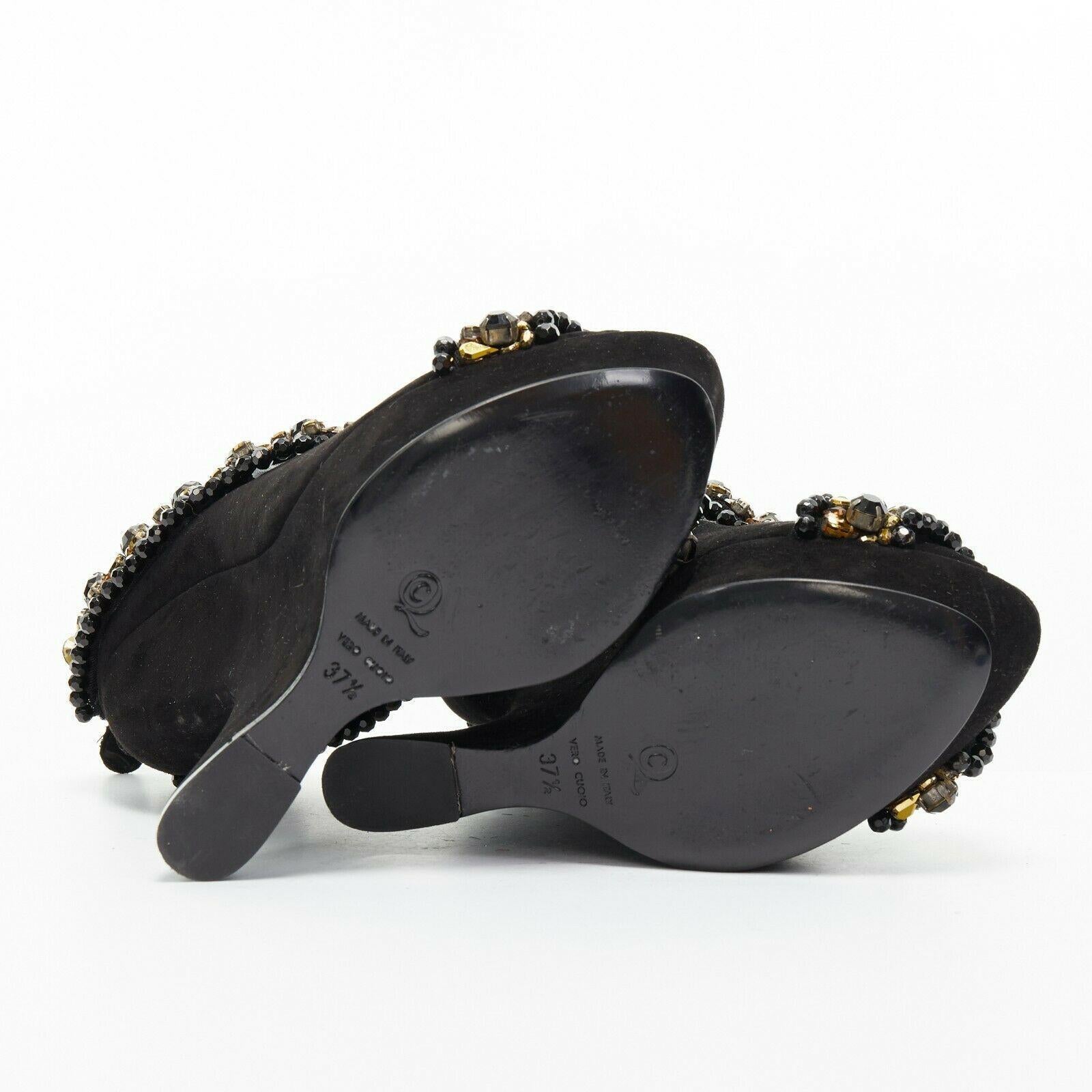 Black ALEXANDER MCQUEEN black suede gold jewel strap peep toe curved heel wedge EU37.5