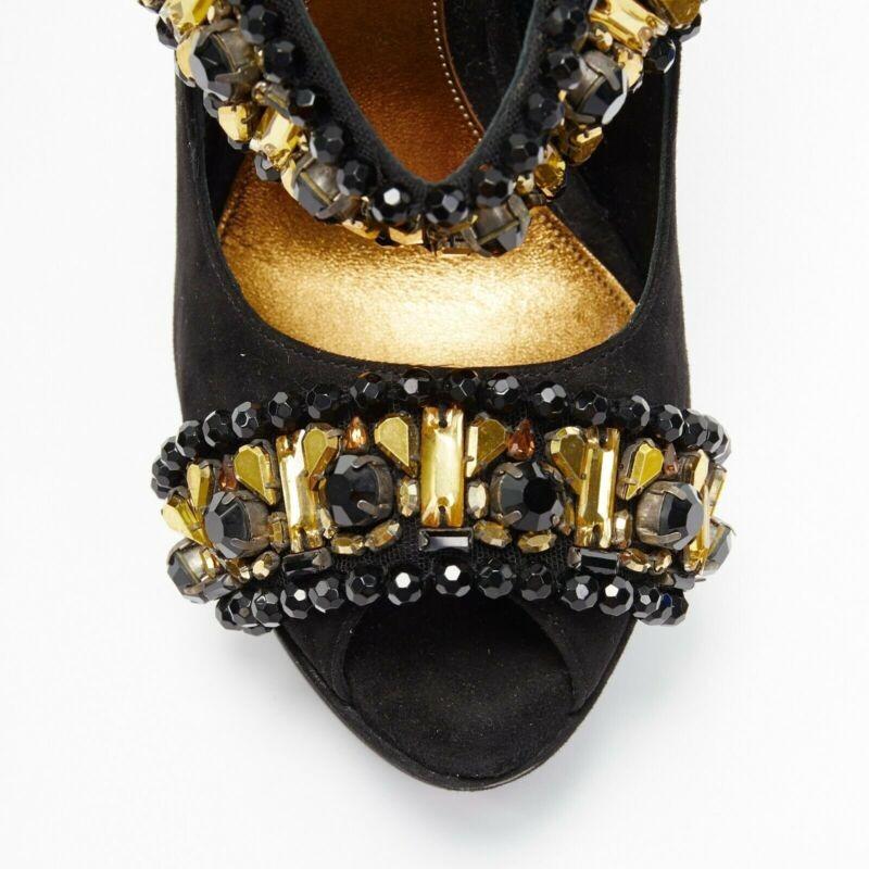 ALEXANDER MCQUEEN black suede gold jewel strap peep toe curved heel wedge EU37.5 For Sale 2