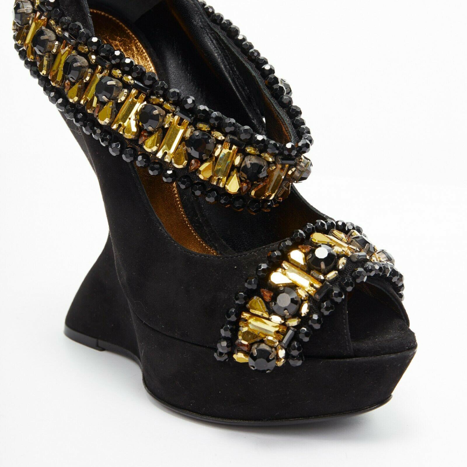 Women's ALEXANDER MCQUEEN black suede gold jewel strap peep toe curved heel wedge EU37.5