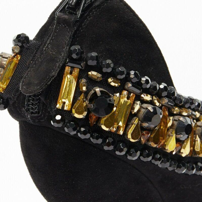 ALEXANDER MCQUEEN black suede gold jewel strap peep toe curved heel wedge EU37.5 For Sale 4