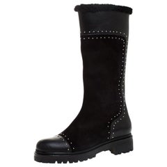 Alexander McQueen Black Suede Leather Studded Mid Calf Boots Size 39