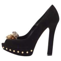 Alexander McQueen Black Suede Skull Peep Toe Platform Pumps Size 36