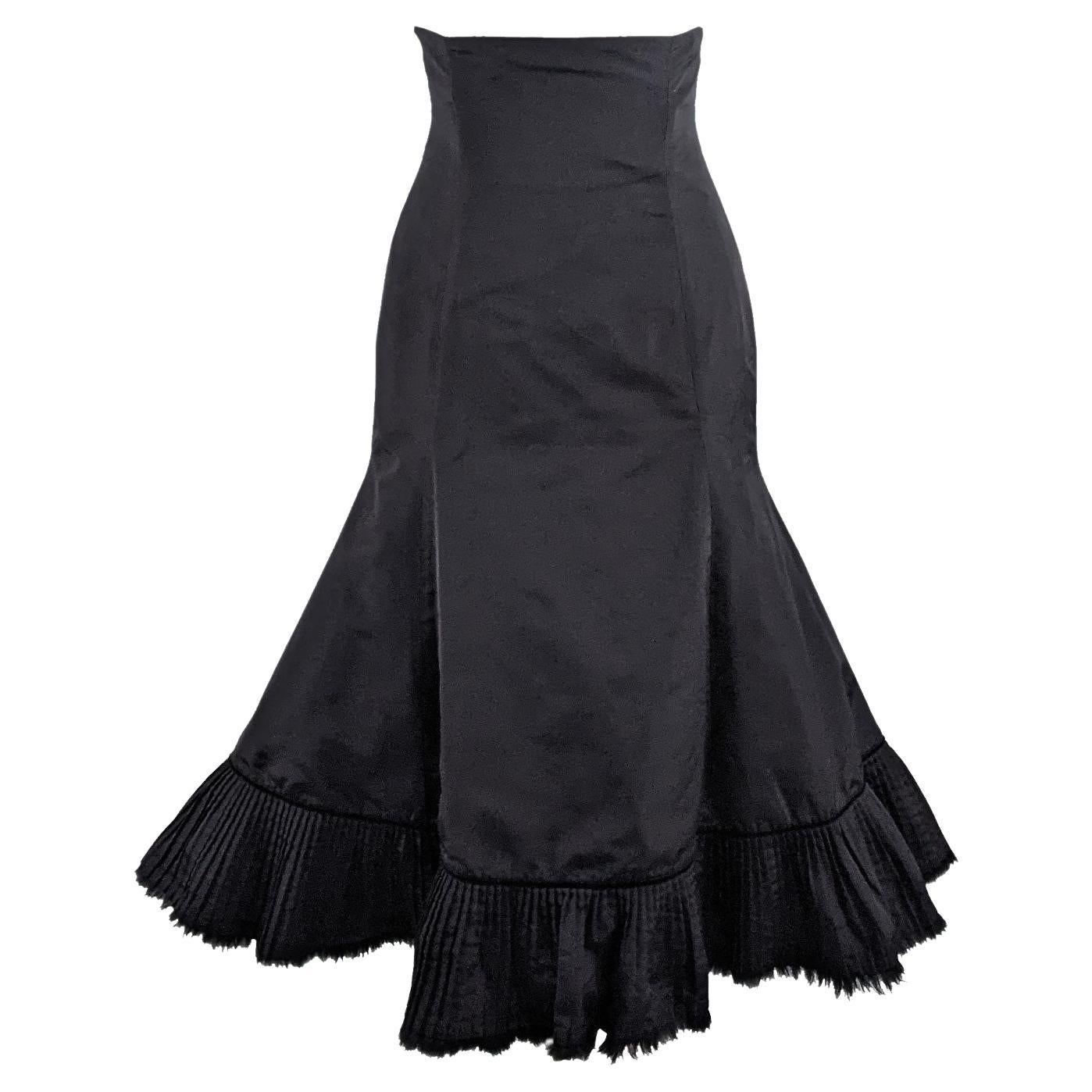 Alexander McQueen Black Taffeta Ultra High Waist Fur Trim Fishtail Skirt, 2005 For Sale