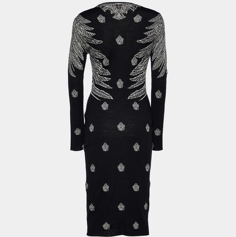 Alexander McQueen Black Tattoo Optical Wool & Silk Edgy Jacquard Fitted Midi Dre In Excellent Condition In PARIS, FR
