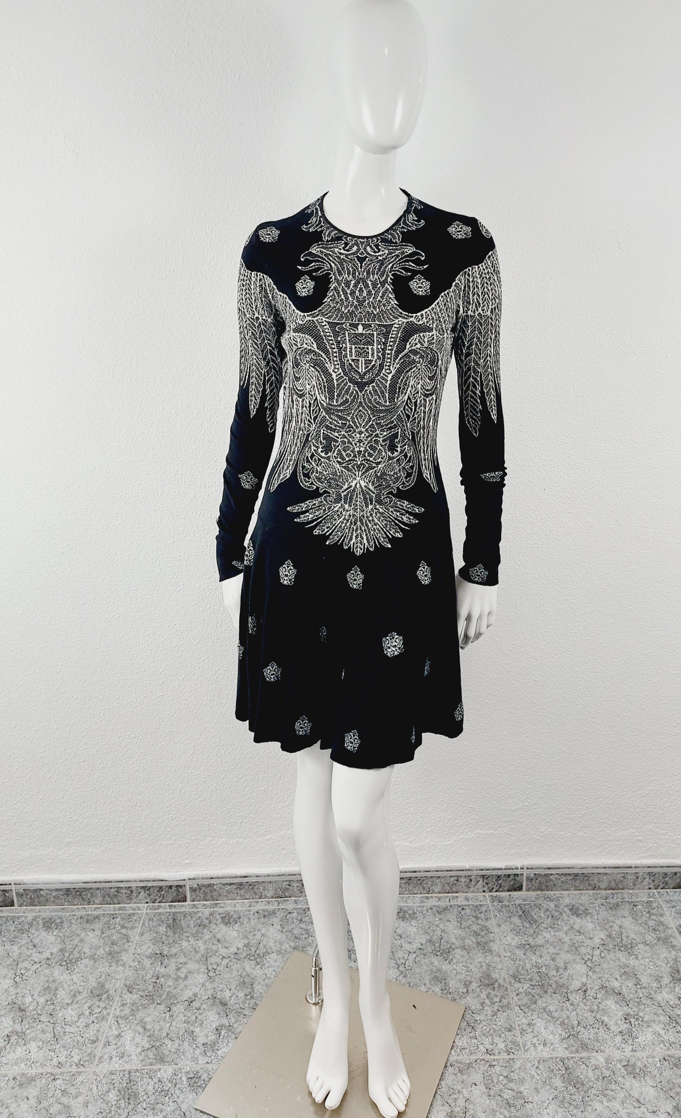 Women's Alexander McQueen Black Tattoo Optical Wool & Silk Edgy Jacquard Fitted Midi Dre