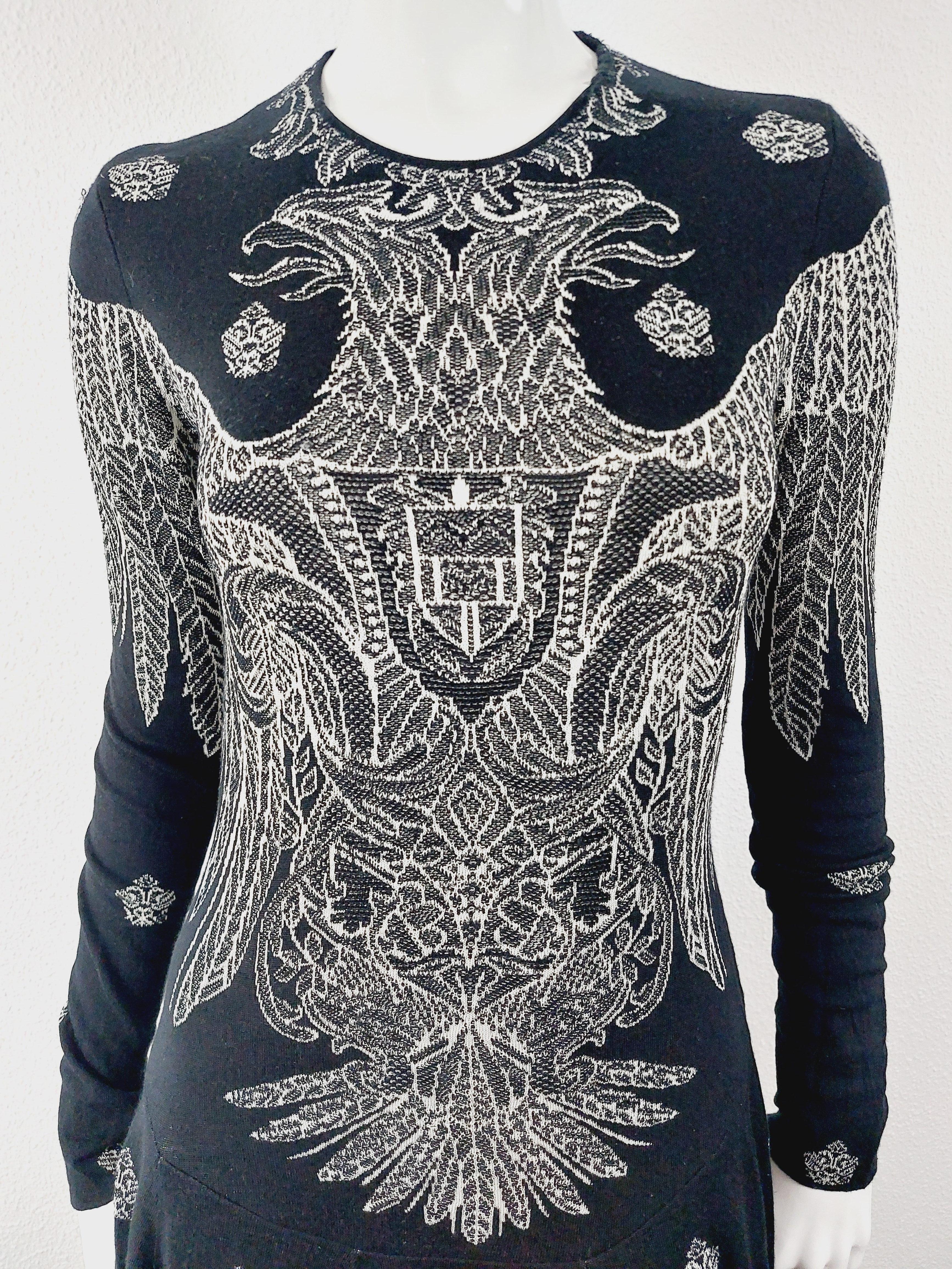 Alexander McQueen Black Tattoo Optical Wool & Silk Edgy Jacquard Fitted Midi Dre 2