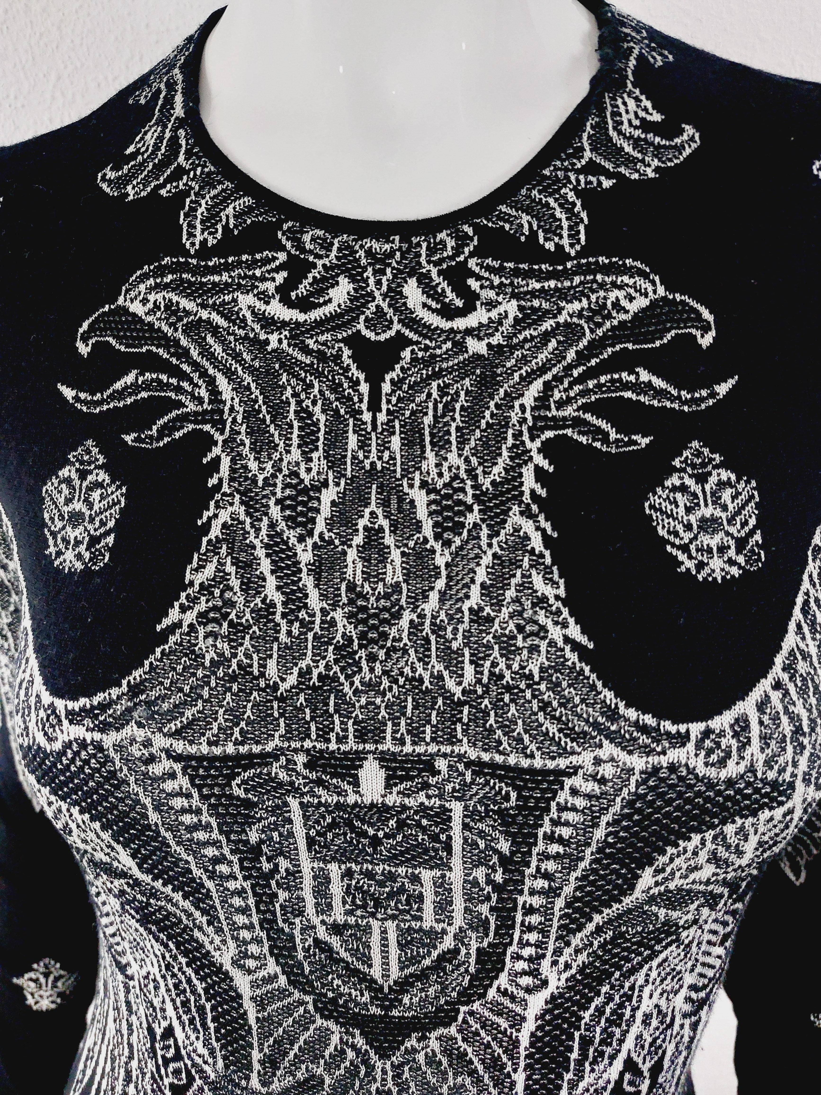 Alexander McQueen Black Tattoo Optical Wool & Silk Edgy Jacquard Fitted Midi Dre 3