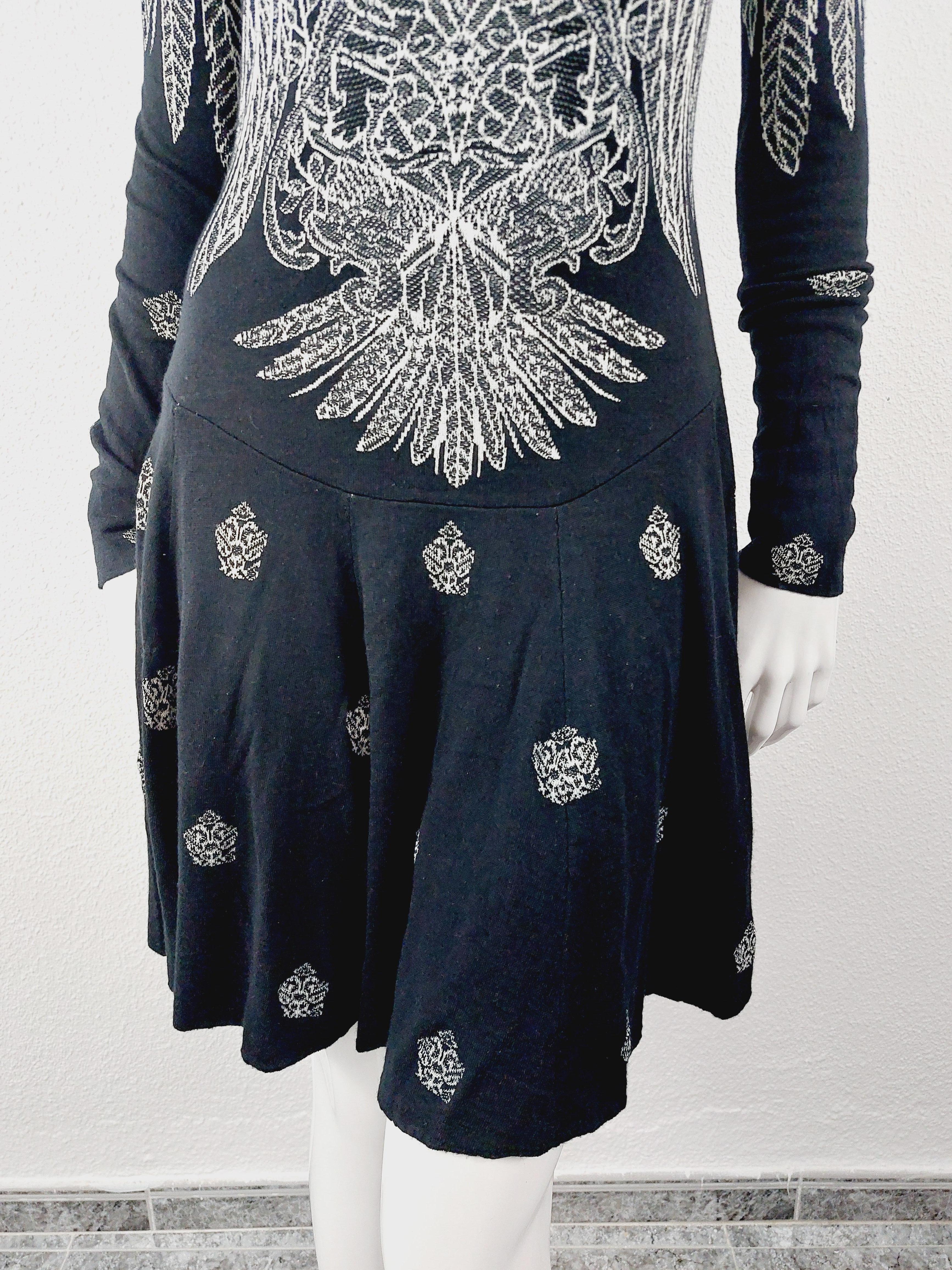 Alexander McQueen Black Tattoo Optical Wool & Silk Edgy Jacquard Fitted Midi Dre 4
