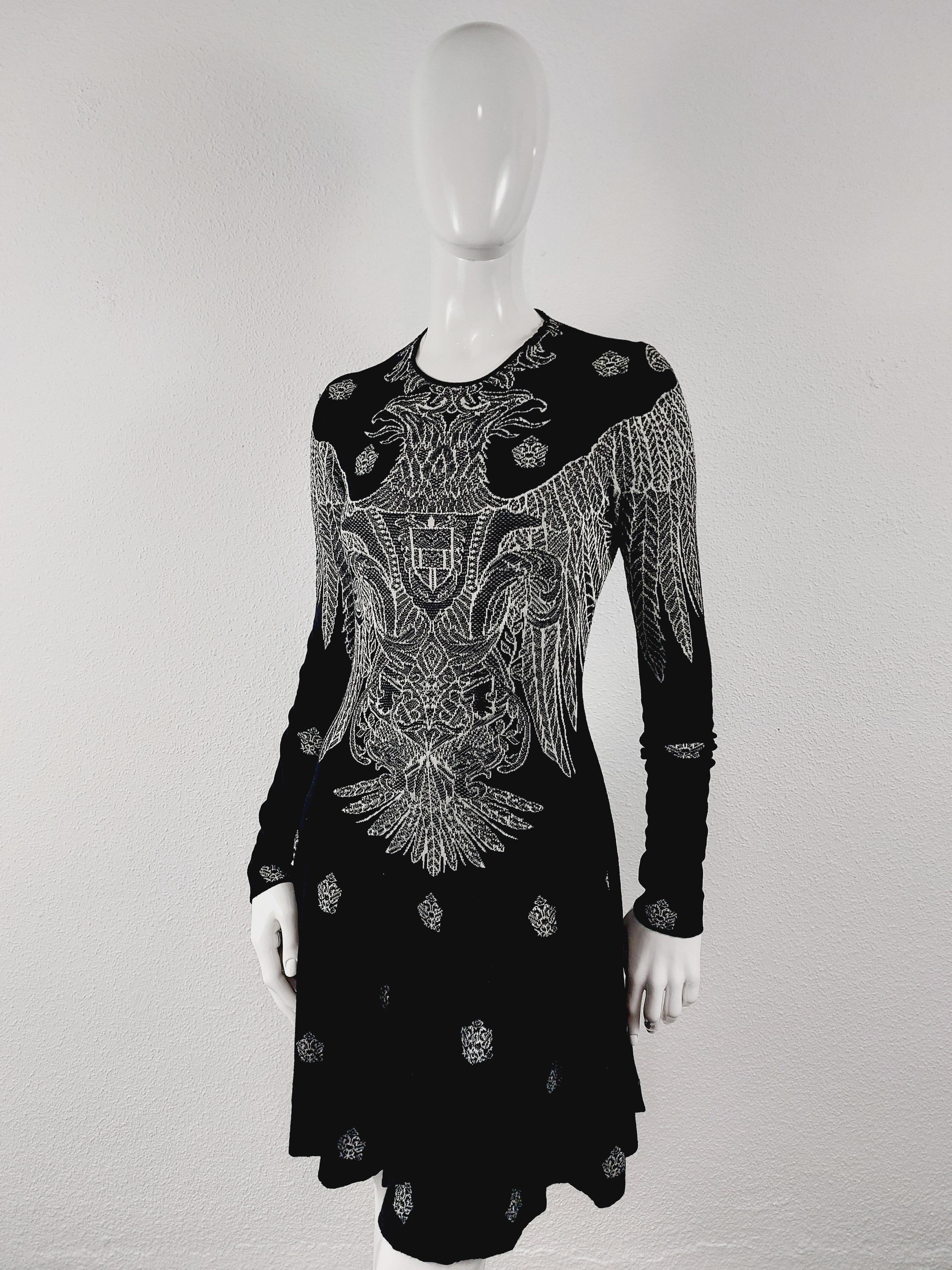 Alexander McQueen Black Tattoo Optical Wool & Silk Edgy Jacquard Fitted Midi Dre 5