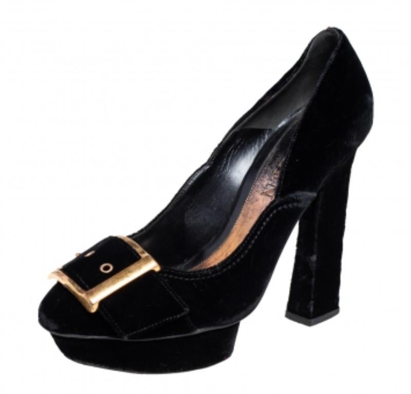 Women's Alexander McQueen Black Velvet Buckle Platform Pumps Size 39