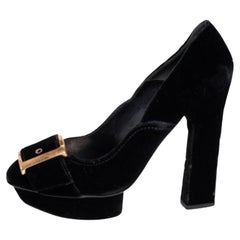 Alexander McQueen Black Velvet Buckle Platform Pumps Size 39