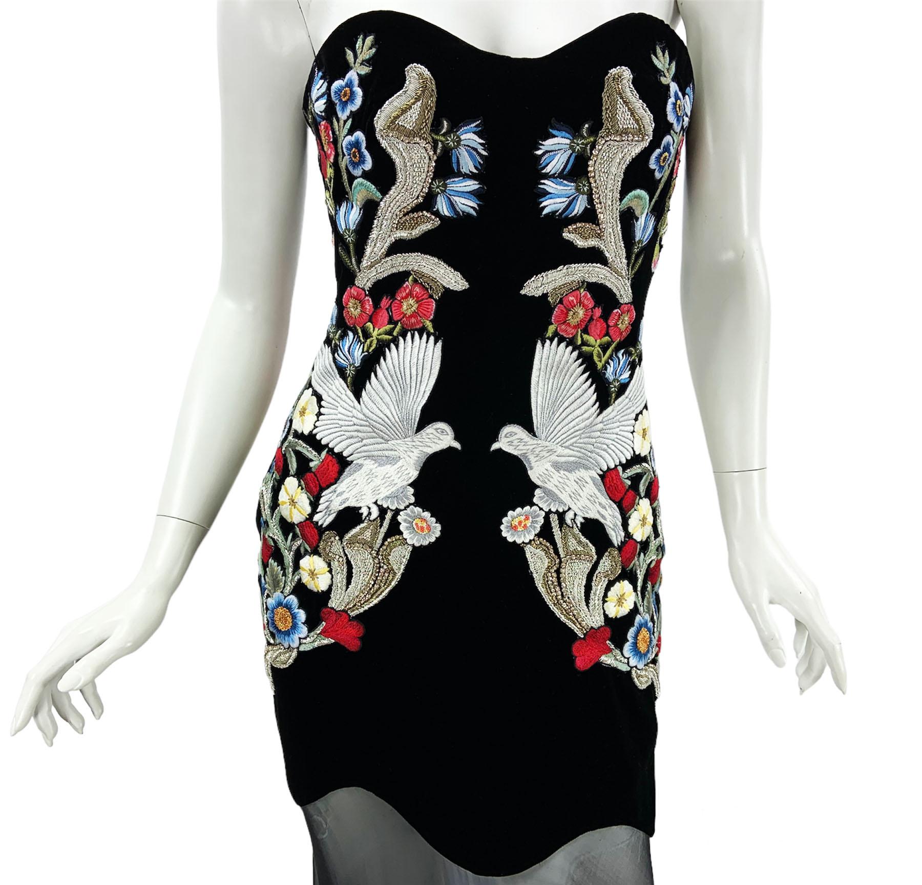 Women's Alexander McQueen Black Velvet Chiffon Medieval Embroidery Corset Dress Gown 42 For Sale