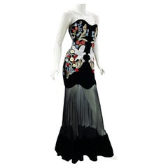 Alexander McQueen Black Velvet Chiffon Medieval Embroidery Corset Dress Gown 42