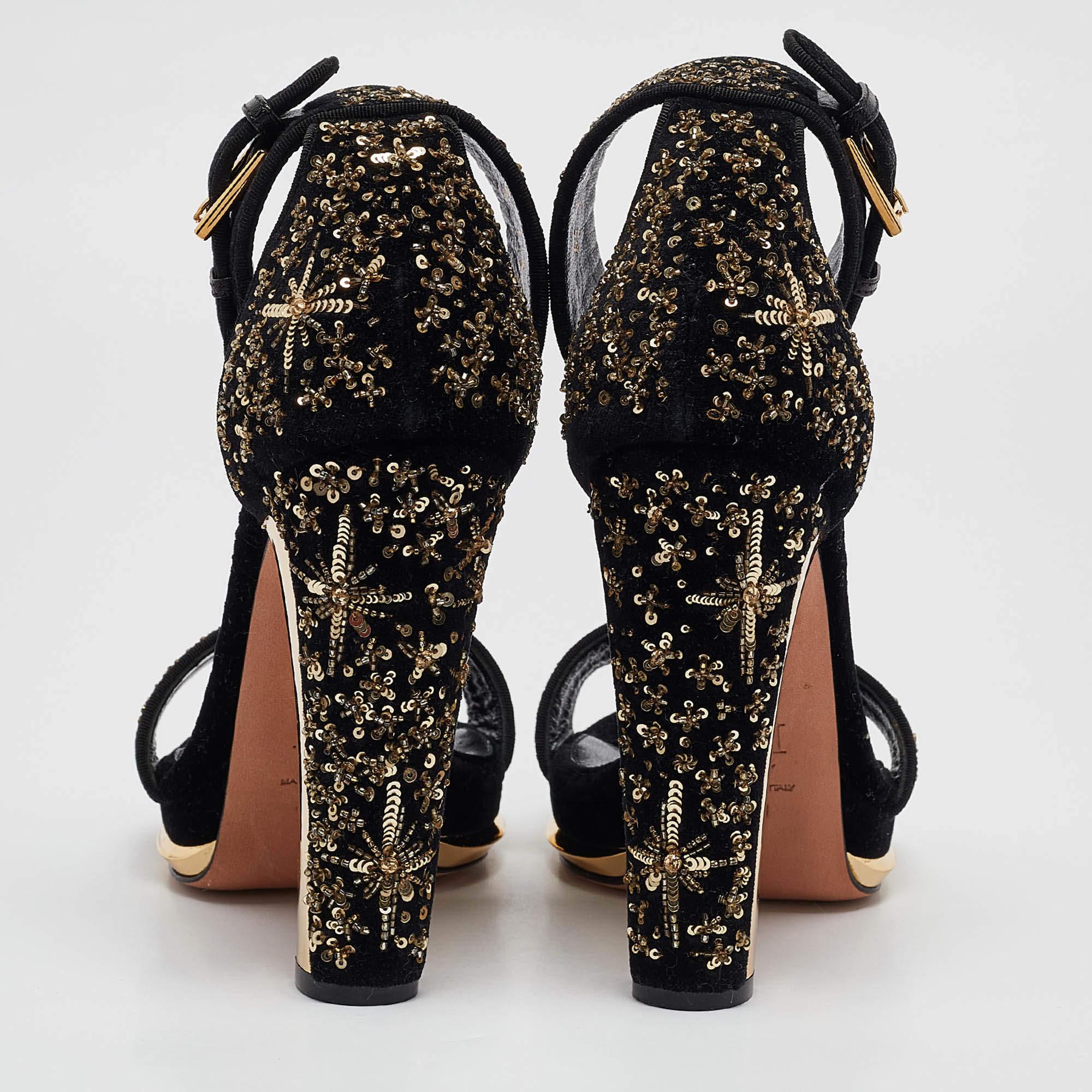  Alexander McQueen - Sandales à brides en velours noir avec ornements - Taille 39 Pour femmes 