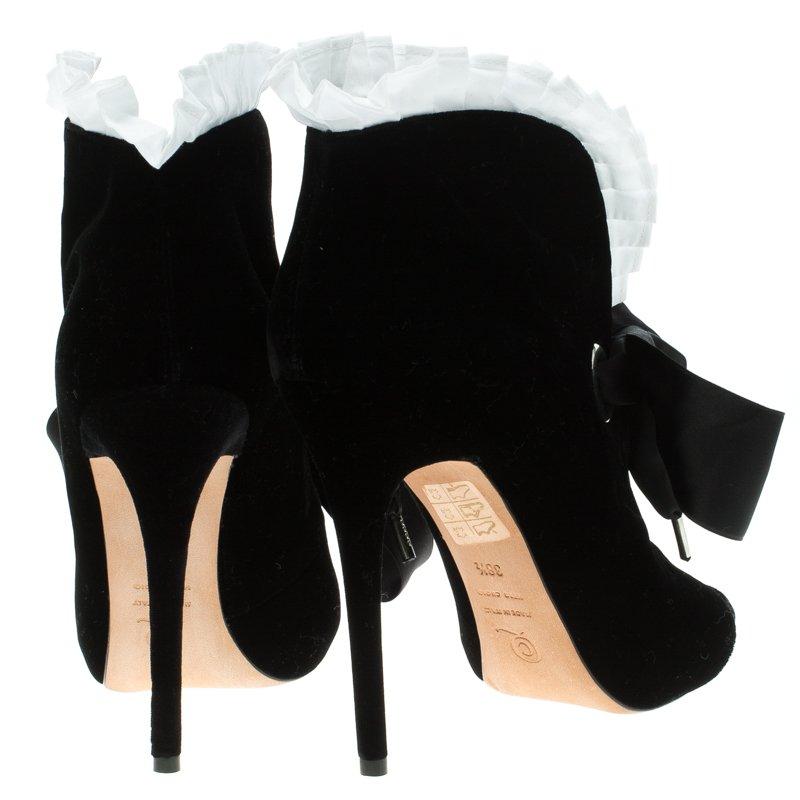 Alexander McQueen Black Velvet Frill Detail Open Toe Ankle Boots Size 38.5 1