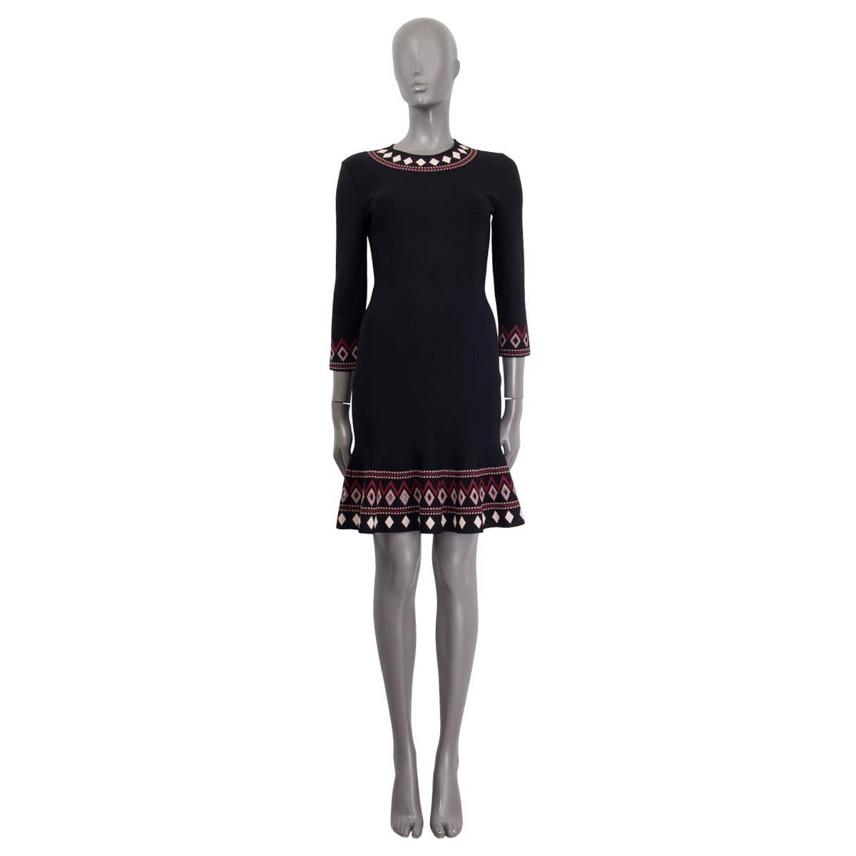 100% authentic Alexander McQueen geometric flared jacquard knit dress in black, dusty rose and burgundy viscose (76%), polyester (16%), polyamide (6%) and elastane (2% - please note the content tag is missing). Features a geometric print at round
