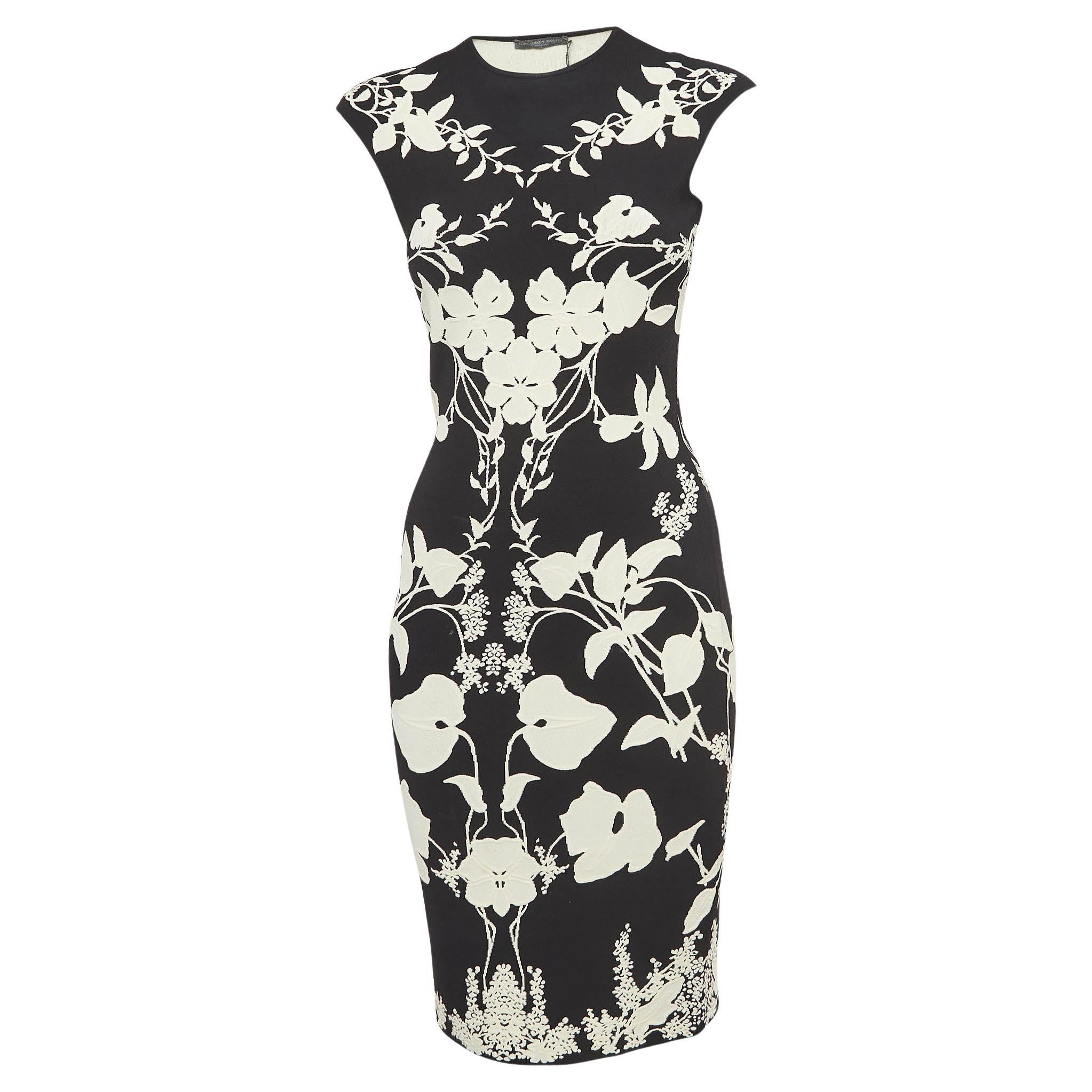 Alexander McQueen Black/White Floral Patterned Knit Bodycon Dress S