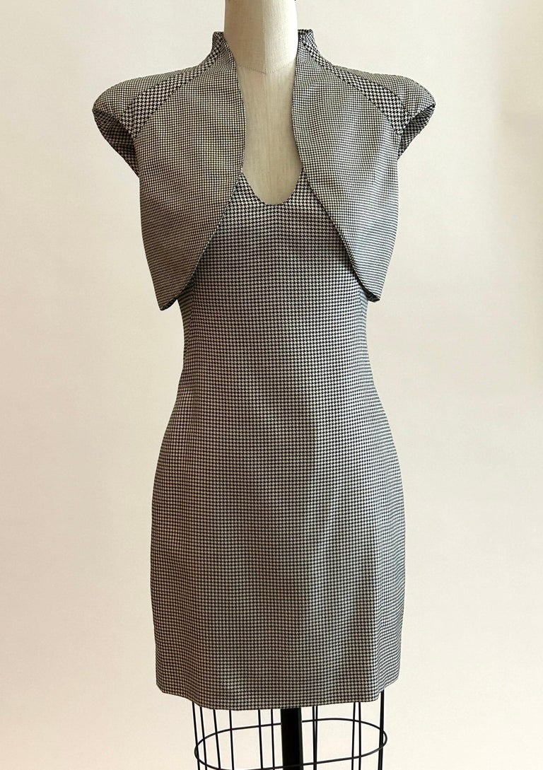 Alexander McQueen Black and White Houndstooth Sculptural Shoulder Bolero  Dress