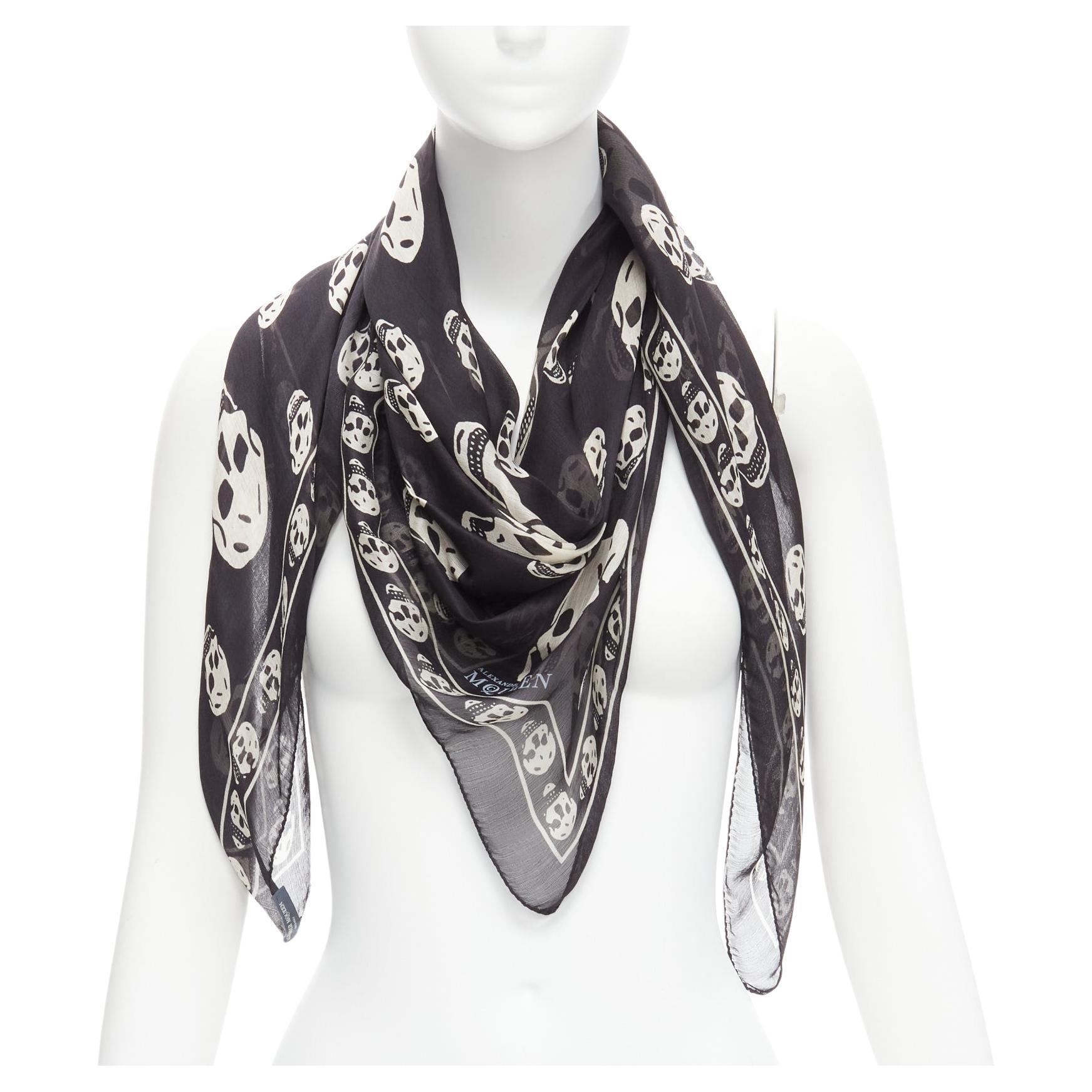 ALEXANDER MCQUEEN black white skull logo print 100% silk scarf For Sale
