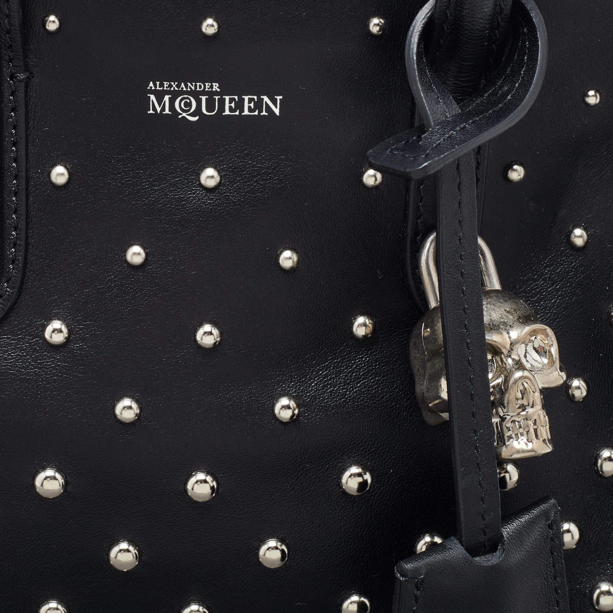 Alexander McQueen Black/White Studded Leather Mini Skull Padlock Zip Tote 2