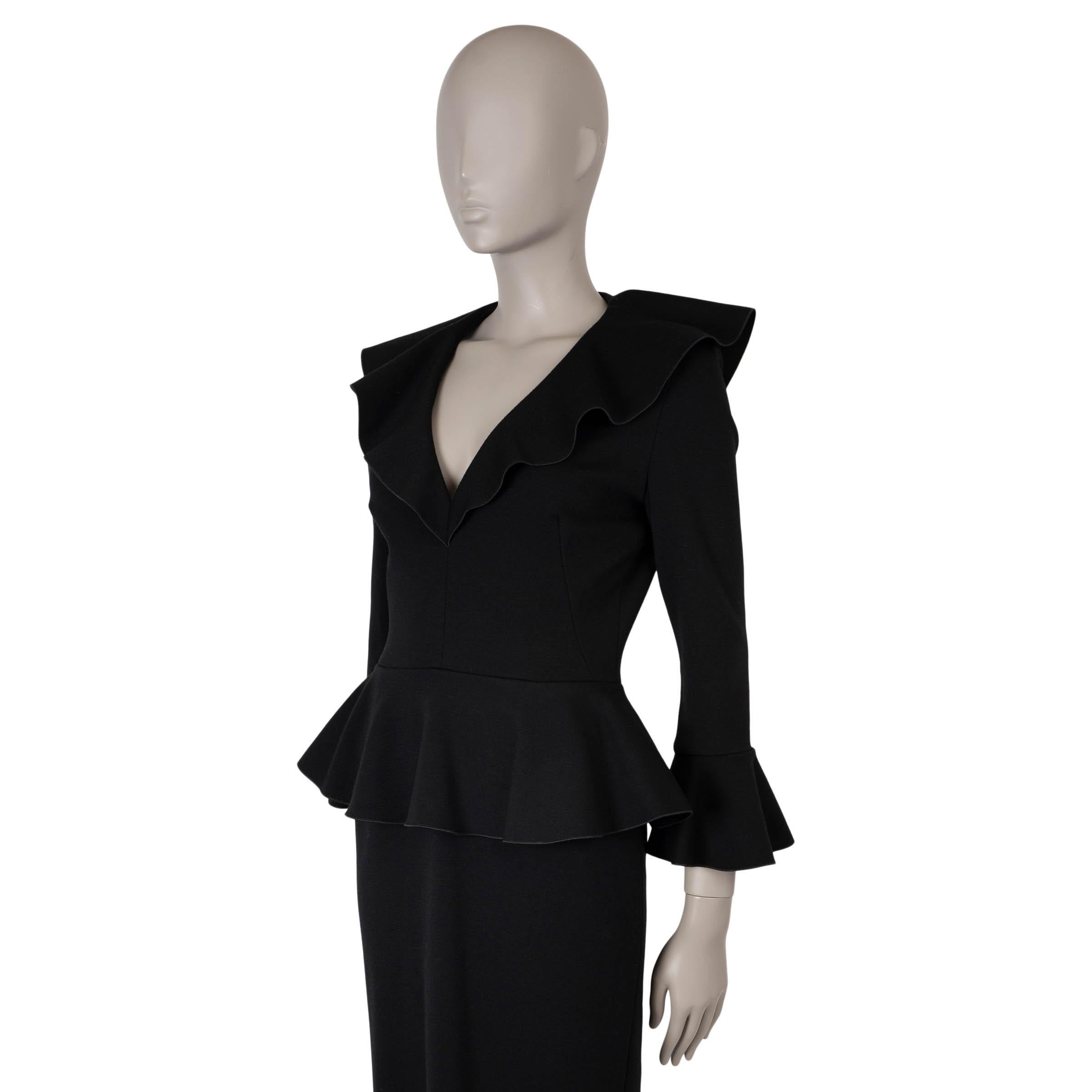 This 100% authentic Alexander McQueen midi dress is crafted from black stretchy wool (with 5% elastane) and features a striking fitted silhouette with a dramatic peplum, a wide ruffled collar, and 3/4 bell sleeves for an elegant, tailored look. The