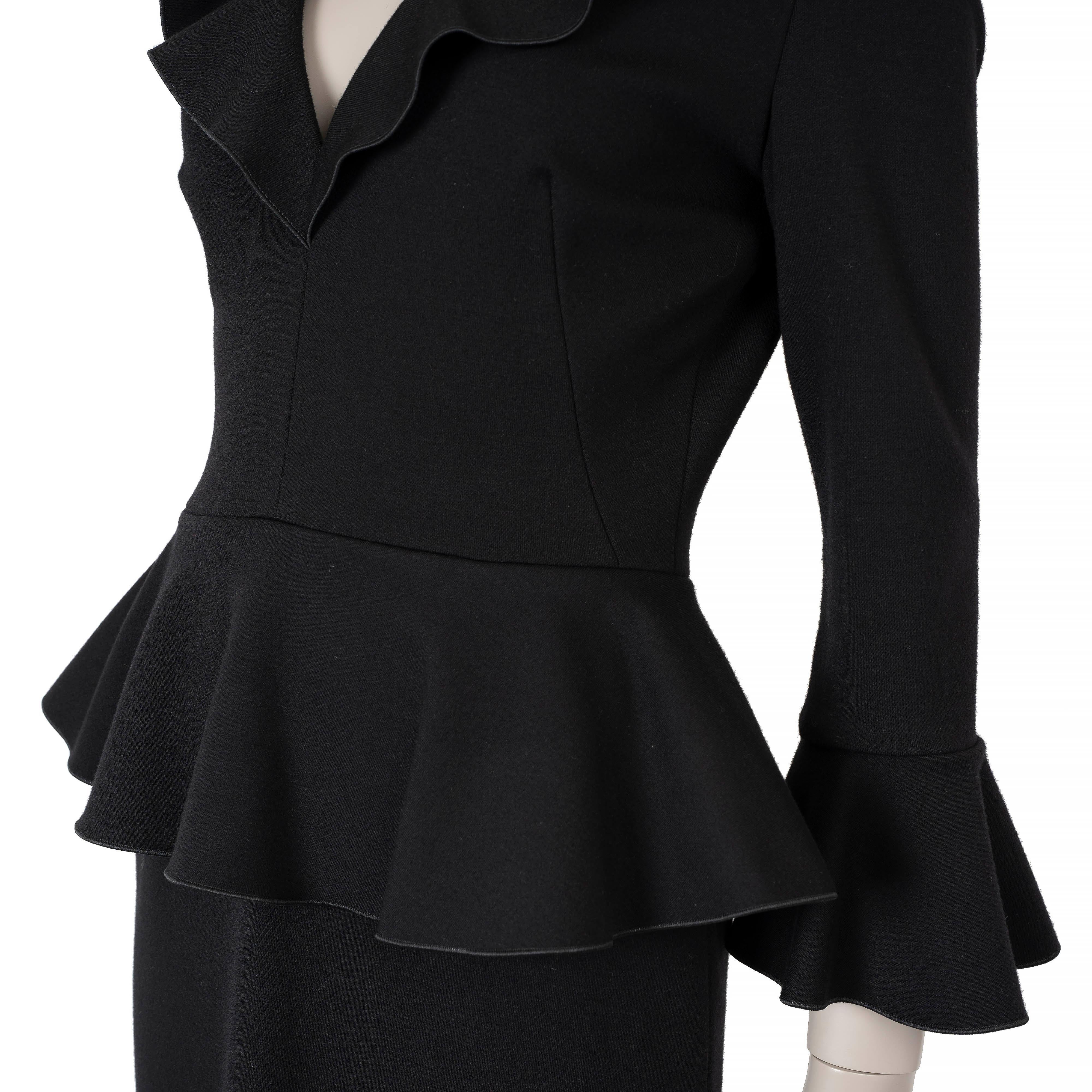 Women's ALEXANDER MCQUEEN black wool 2013 PEPLUM MIDI Dress 42 M For Sale