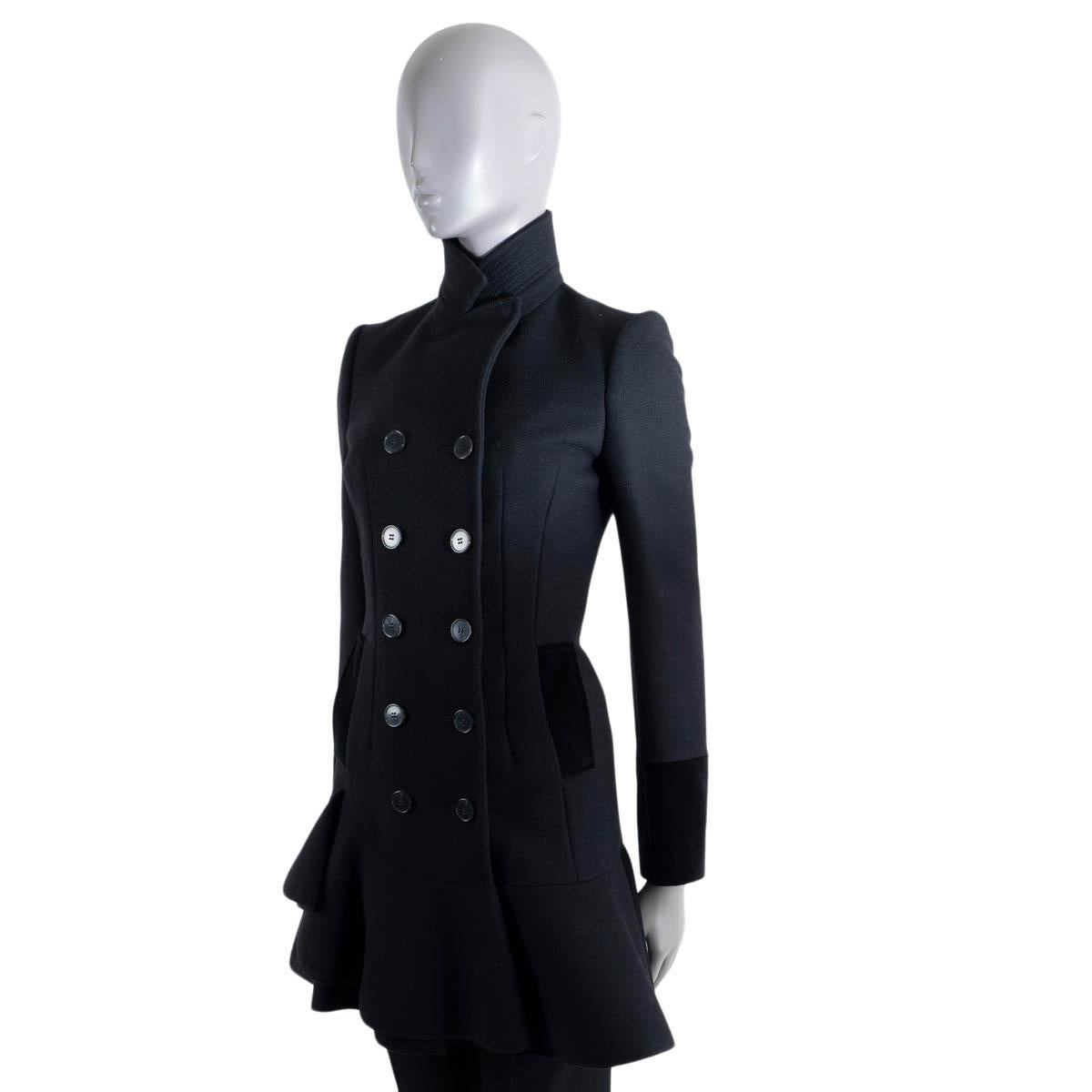 Women's ALEXANDER MCQUEEN black wool 2015 DOUBLE BREASTED RUFFLED Coat Jacket 38 XS For Sale
