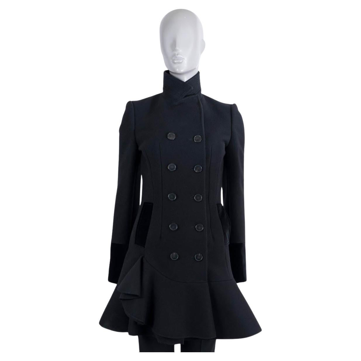 ALEXANDER MCQUEEN black wool 2015 DOUBLE BREASTED RUFFLED Coat Jacket 38 XS For Sale