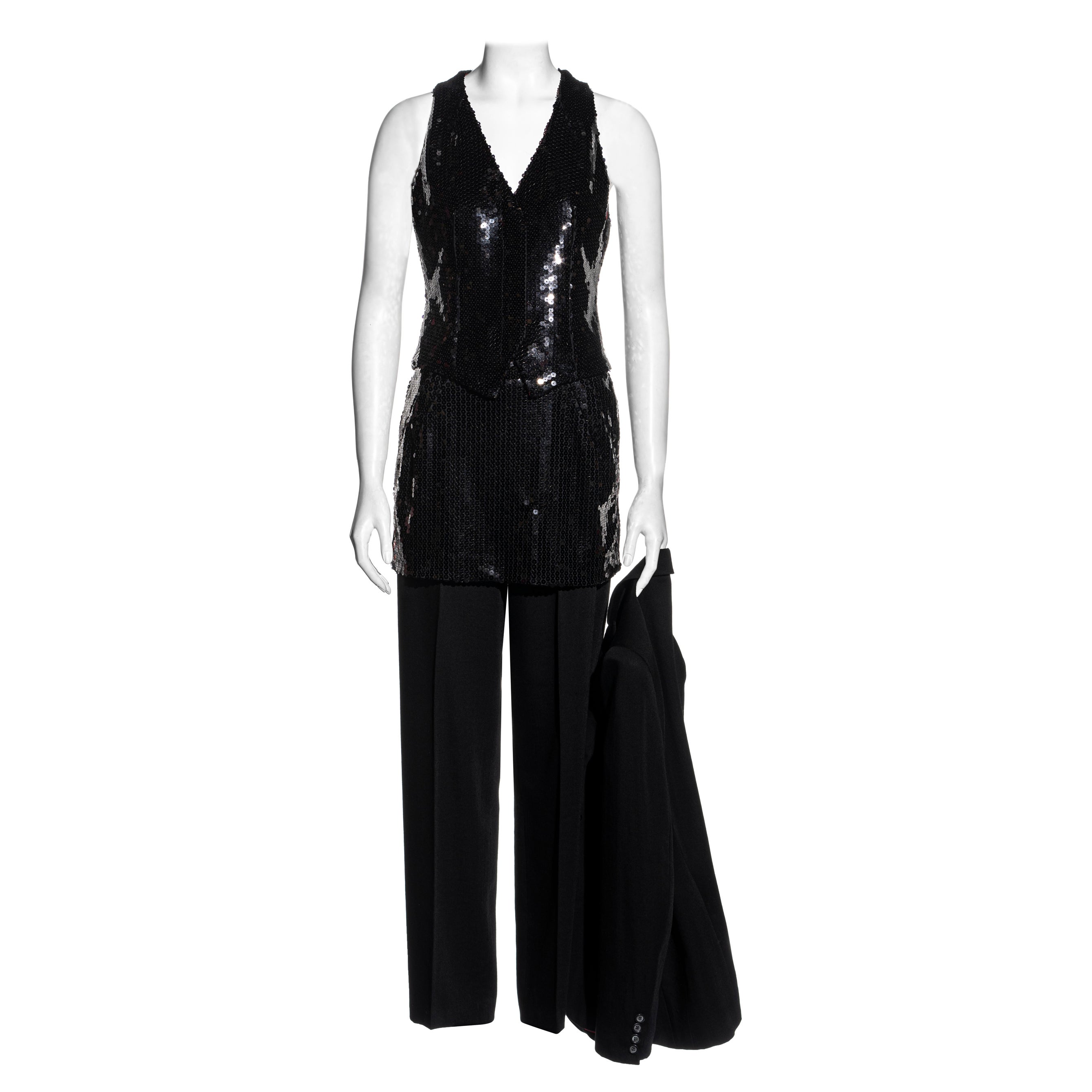 Alexander McQueen, abito a quattro pezzi "Joan" in lana nera e paillettes, primavera 1998