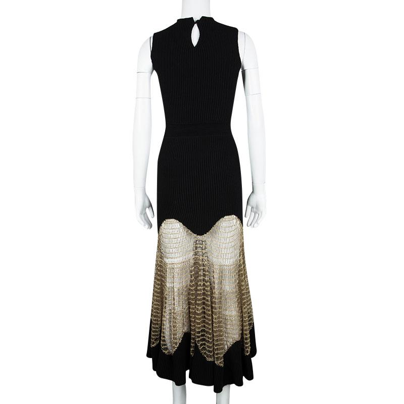 Alexander McQueen Black Wool Metallic Crochet Lace Insert Sleeveless Maxi Dress  In Good Condition In Dubai, Al Qouz 2
