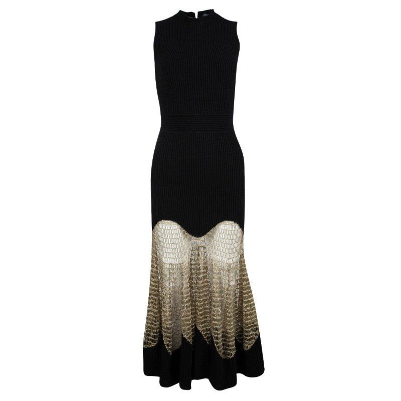 Alexander McQueen Black Wool Metallic Crochet Lace Insert Sleeveless Maxi Dress 