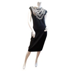 Vintage Alexander Mcqueen black Wool Midi Dress with jewel embroided chains