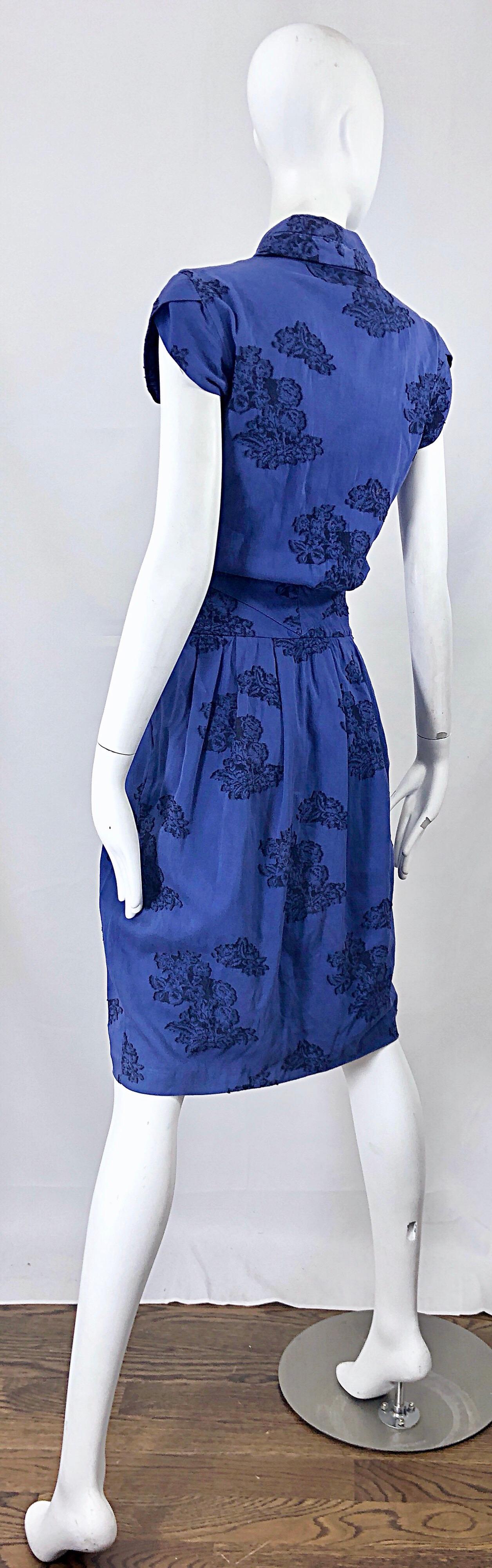 Alexander McQueen Blue + Black Lace Print Size 40 1950s Style Bustle Dress 6