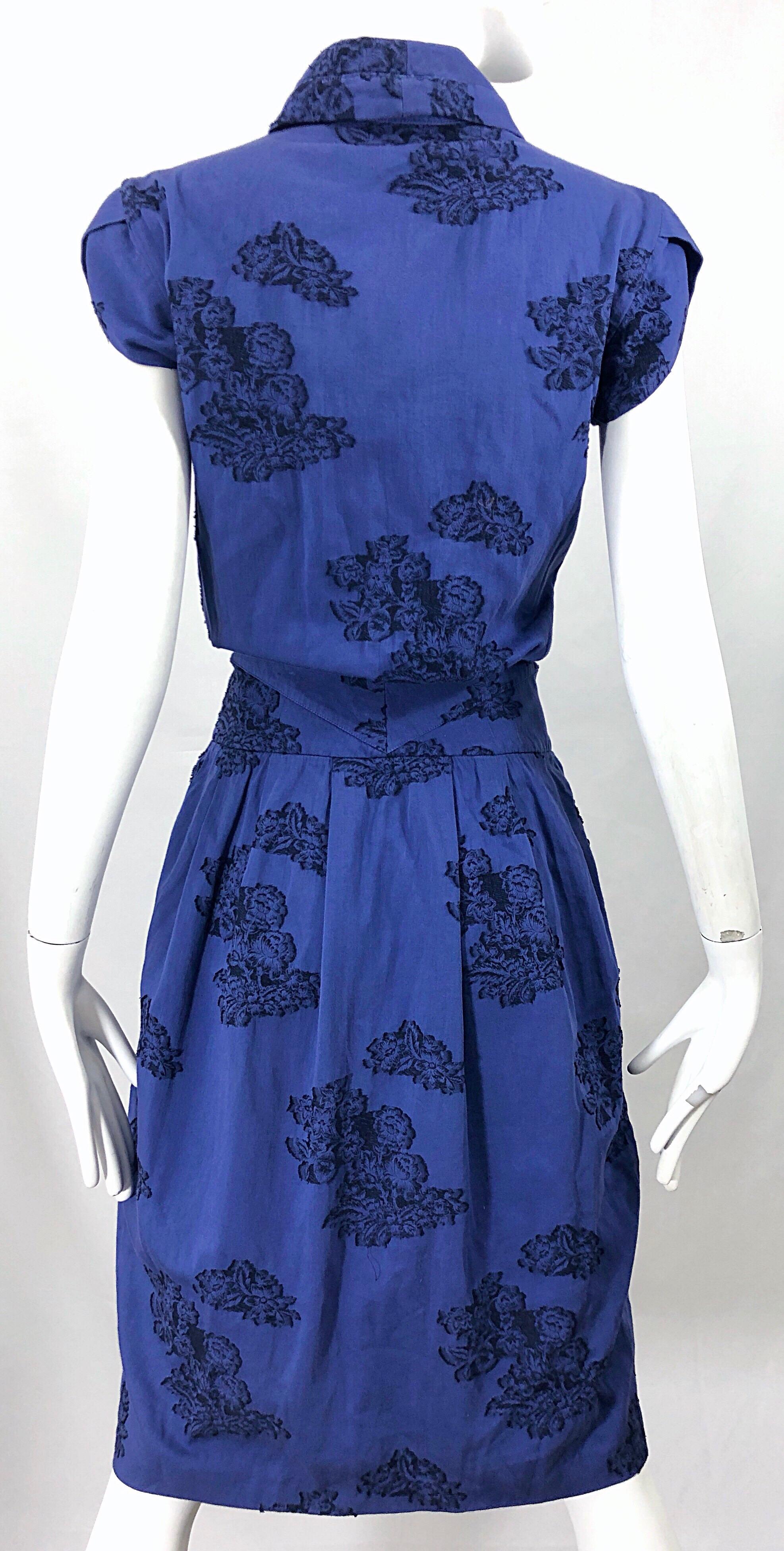 Alexander McQueen Blue + Black Lace Print Size 40 1950s Style Bustle Dress In Good Condition In San Diego, CA